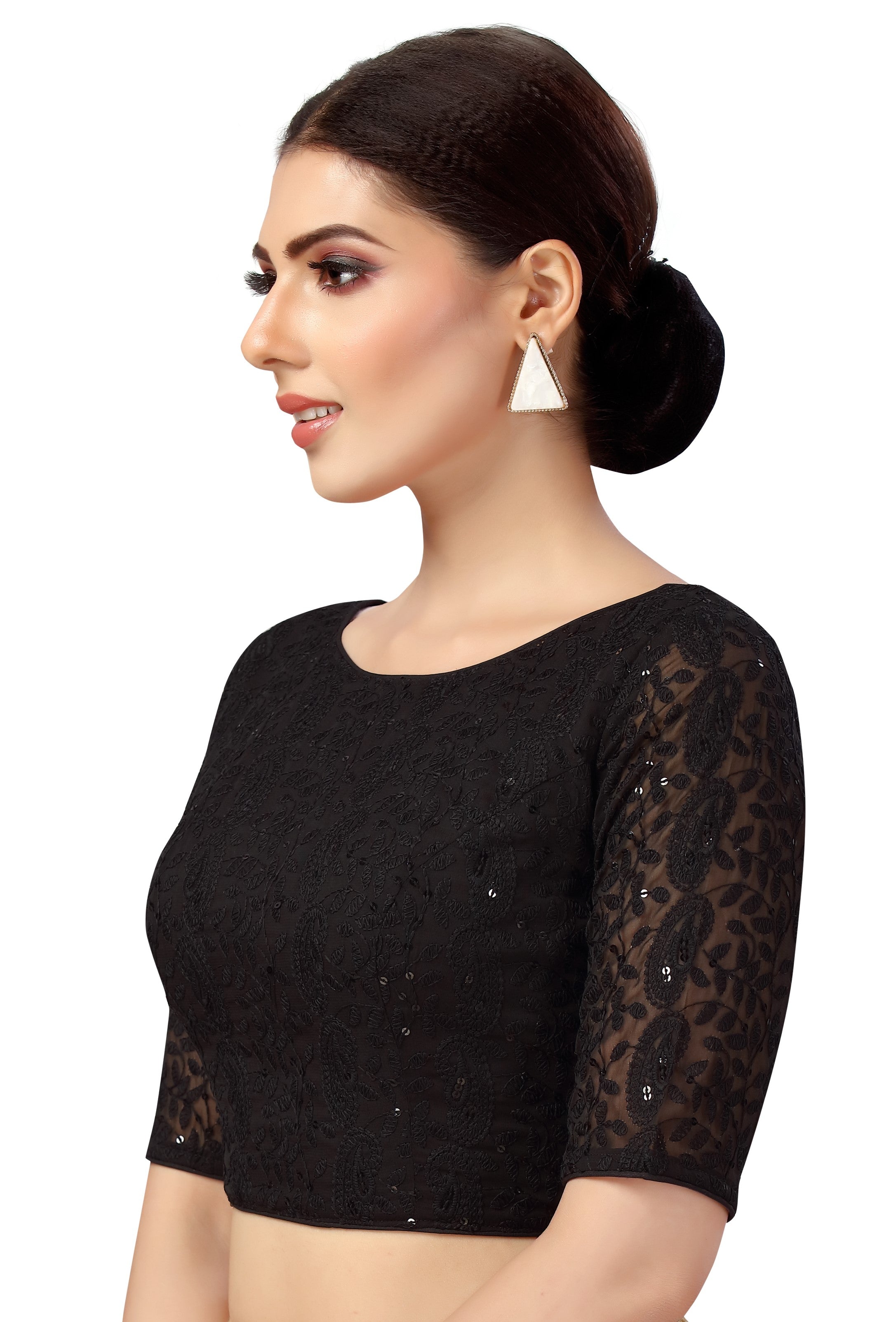 Women's Black Georgette Elbow Length Sleeves Chikankari Saree Blouse.
