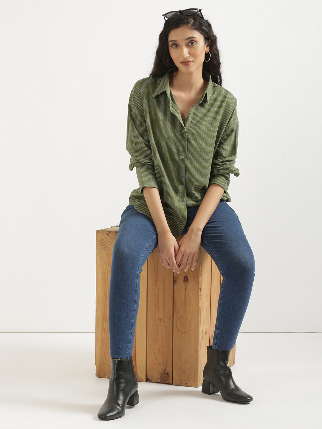 Women's Airy Linen Textured Casual Oversize Olive Shirt
