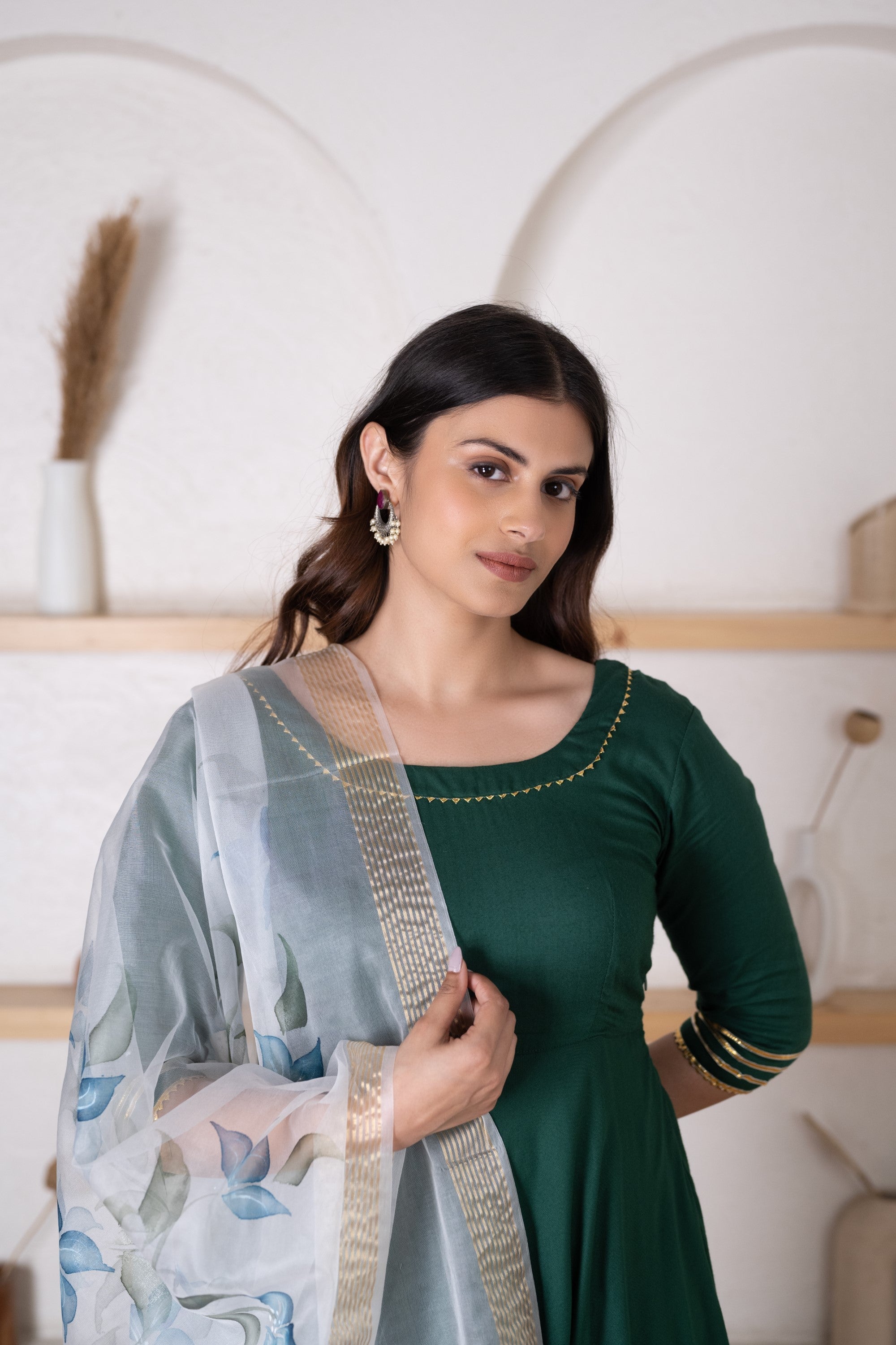 Women's Round Neck Dark Green Solid Anarkali With Handpainted Organza Dupatta