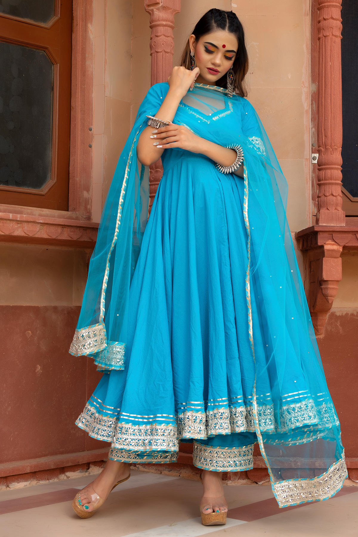 Women's Sky Blue Cotton Anarkali Kurta with Pant & Dupatta (3pcs Set)