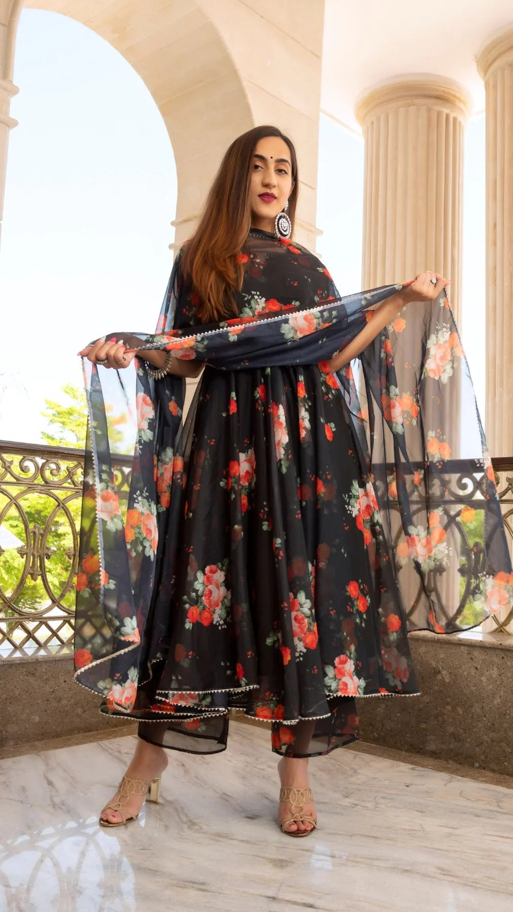 WOMEN'S RED AND BLACK ORGANZA ANARKALI SET
