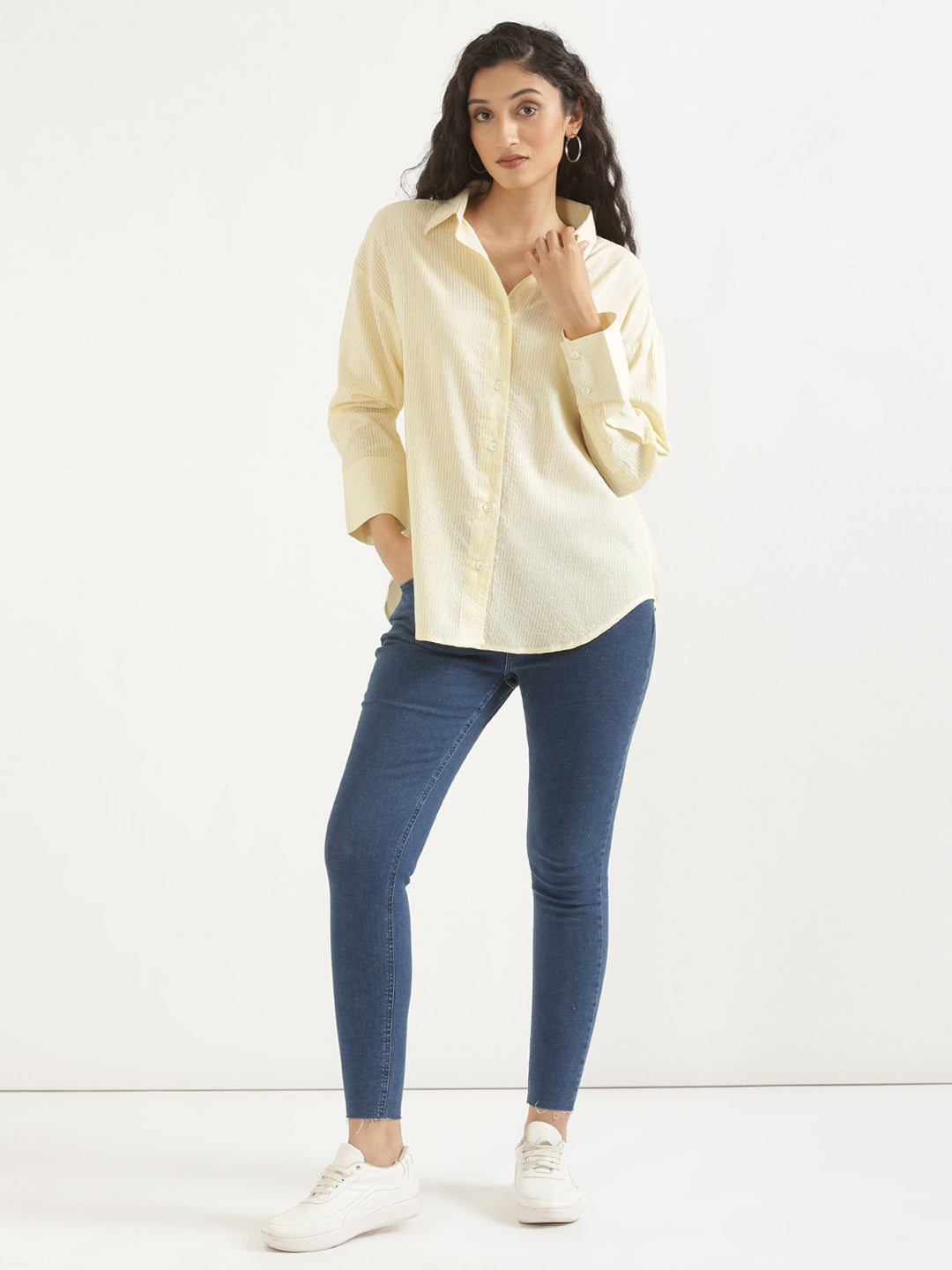 Women's Airy Linen Textured Casual Oversize Cream Shirt