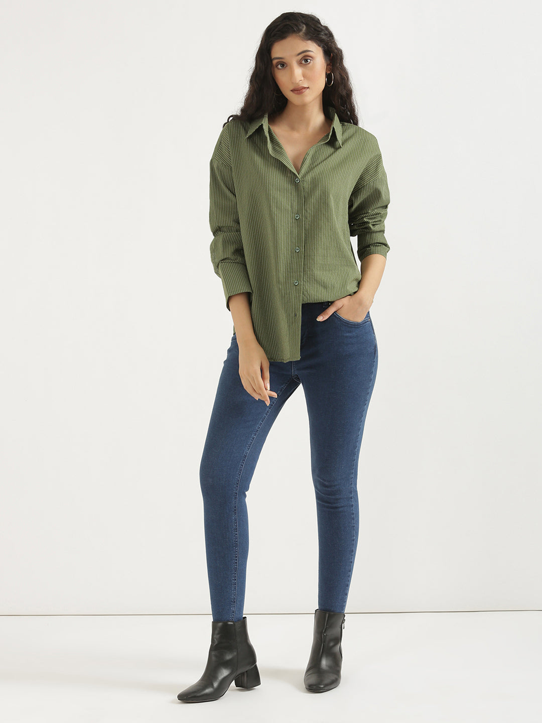 Women's Airy Linen Textured Casual Oversize Olive Shirt