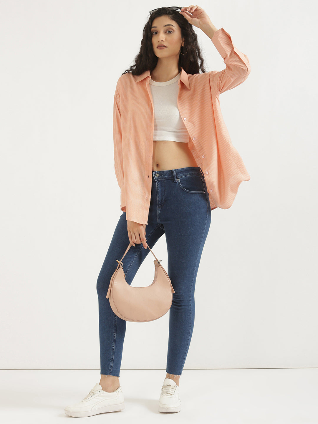 Women's Airy Linen Textured Casual Oversize Peach Shirt