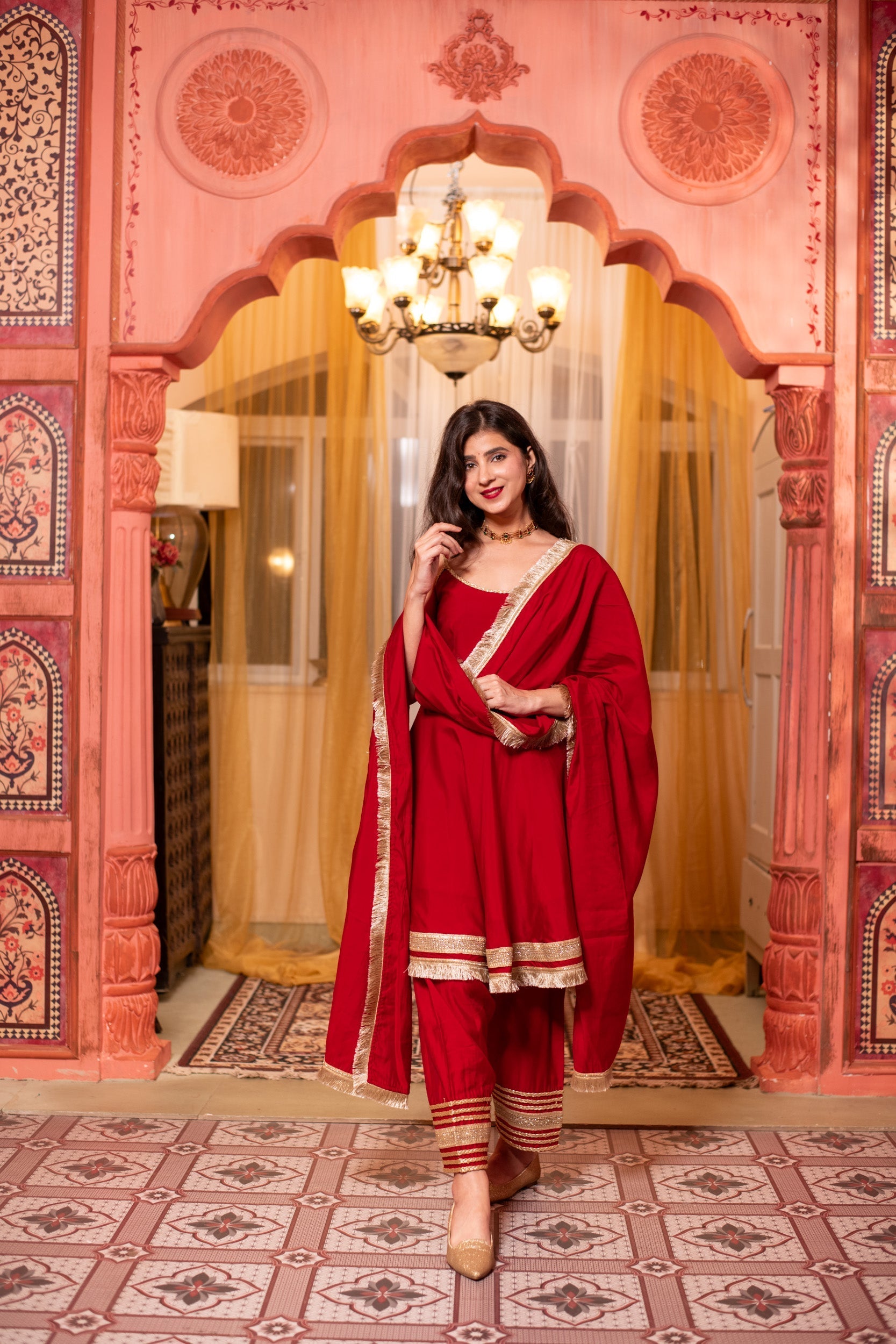 Women's Red Roman Silk Short Anarkali Kurta Set
