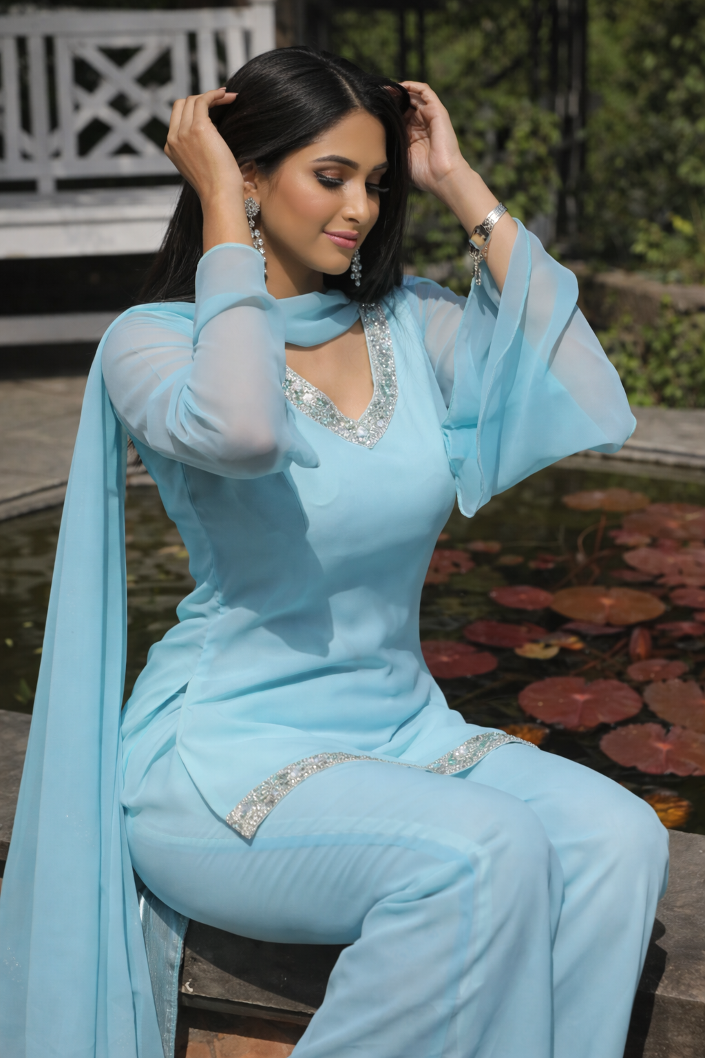 Women's Blue Embellished Kurta with Flared Palazzo Set