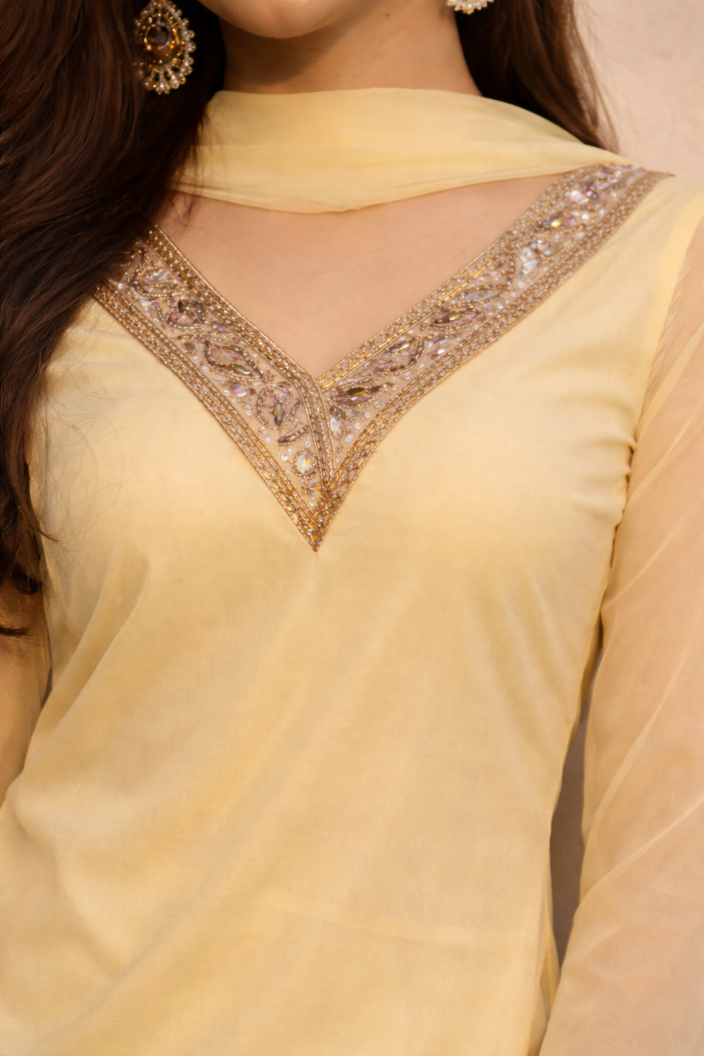 Women's Lemon Yellow Georgette Kurta Set with Palazzo & Dupatta – Gold Embroidered Border