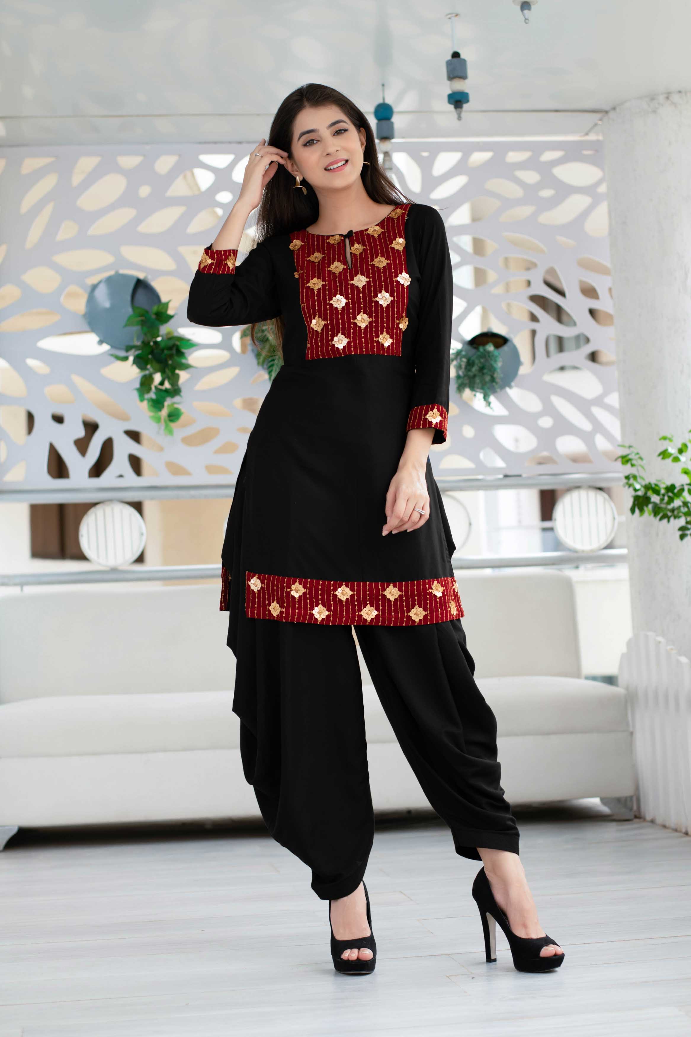 Women's Black Patiala Set With Red Neck Work (2pcs Set)