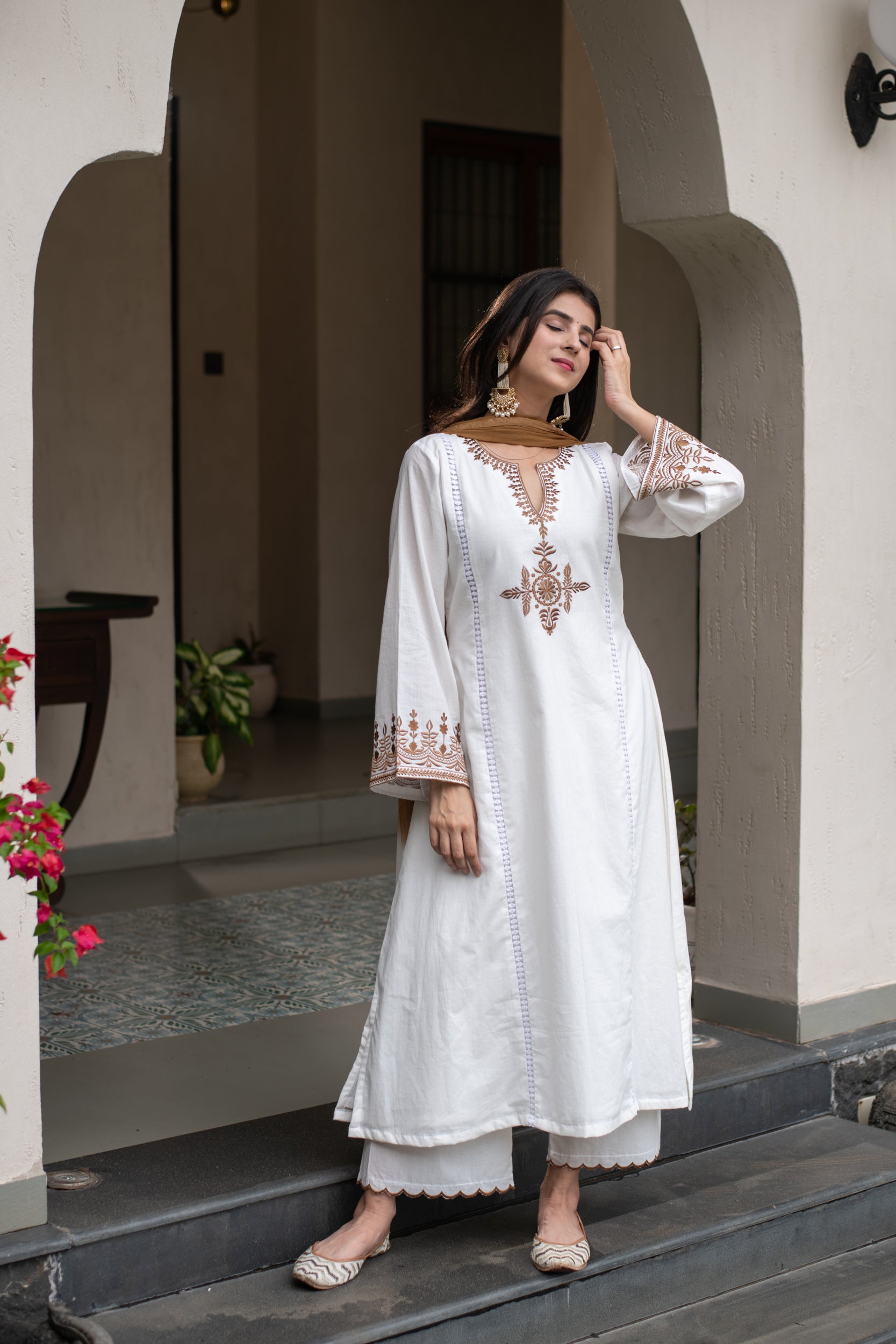 Women's White  Embroidered A Line Kurta Set