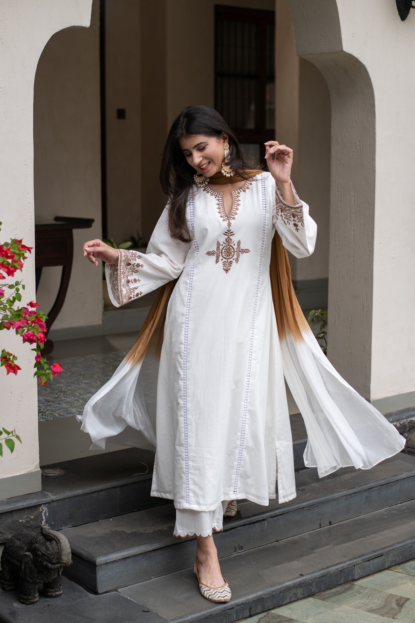 Women's White  Embroidered A Line Kurta Set