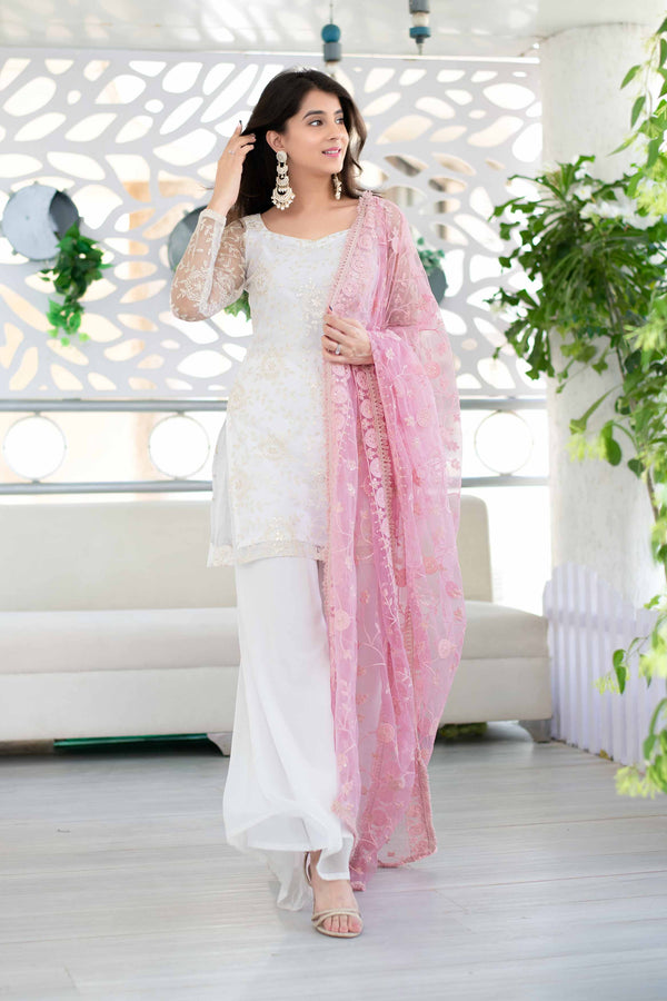 Women's White Thread Work Kurta Palazzo Dupatta Set