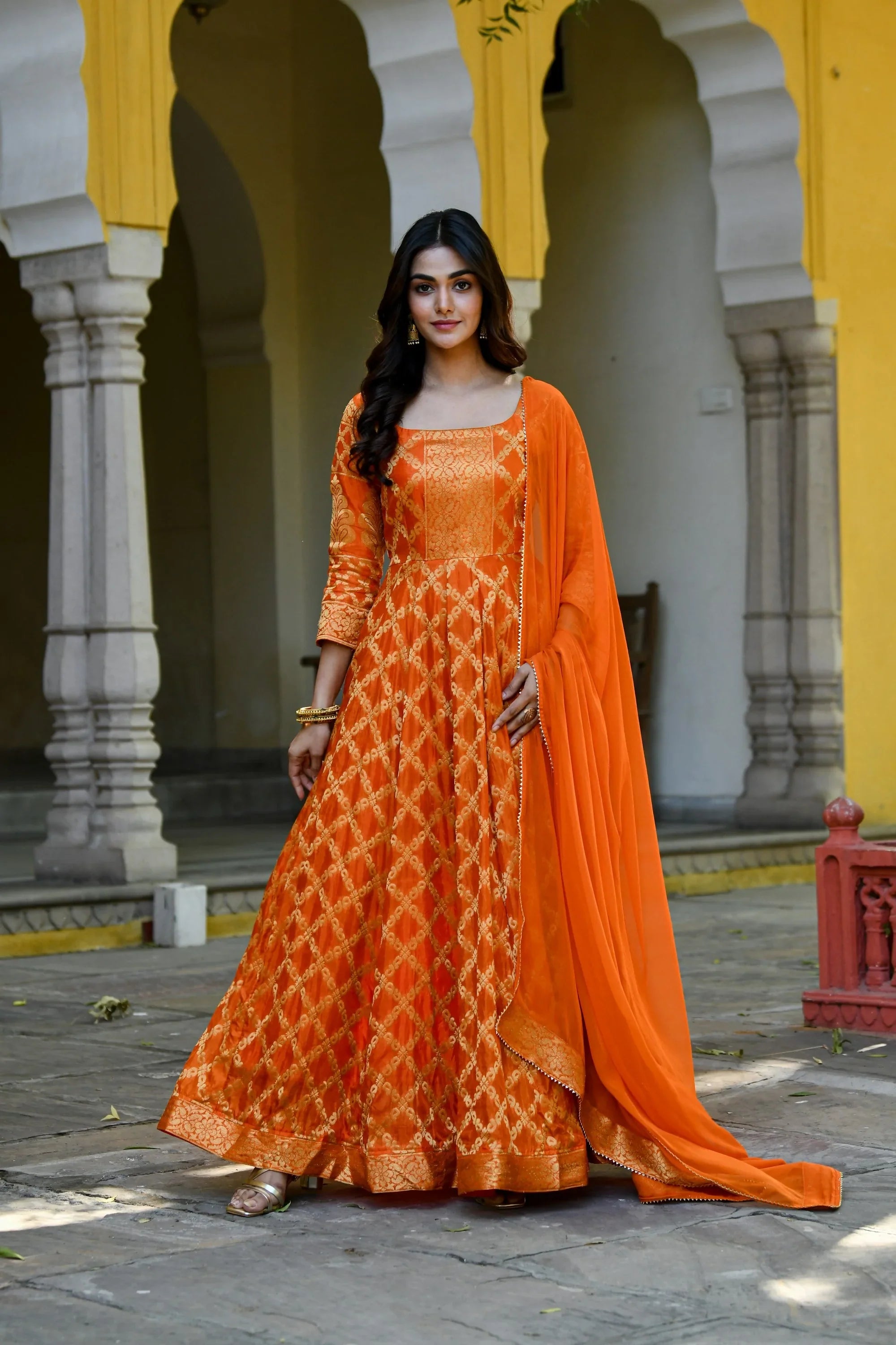 Women's Orange Silk Anarkali Gown With Dupatta