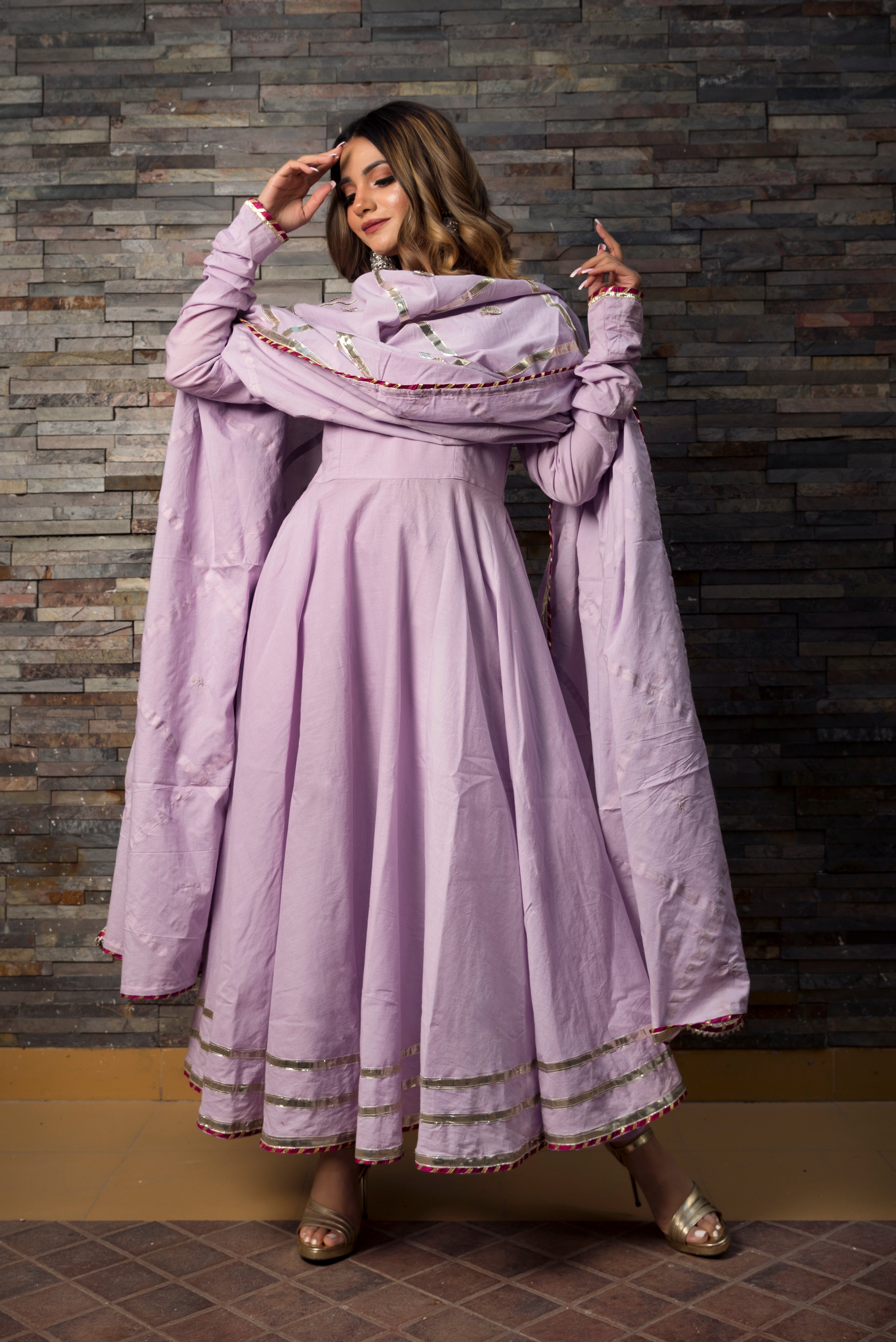 Women's Lavender Cotton Anarkali Kurta with Pant & Dupatta (3pcs Set)