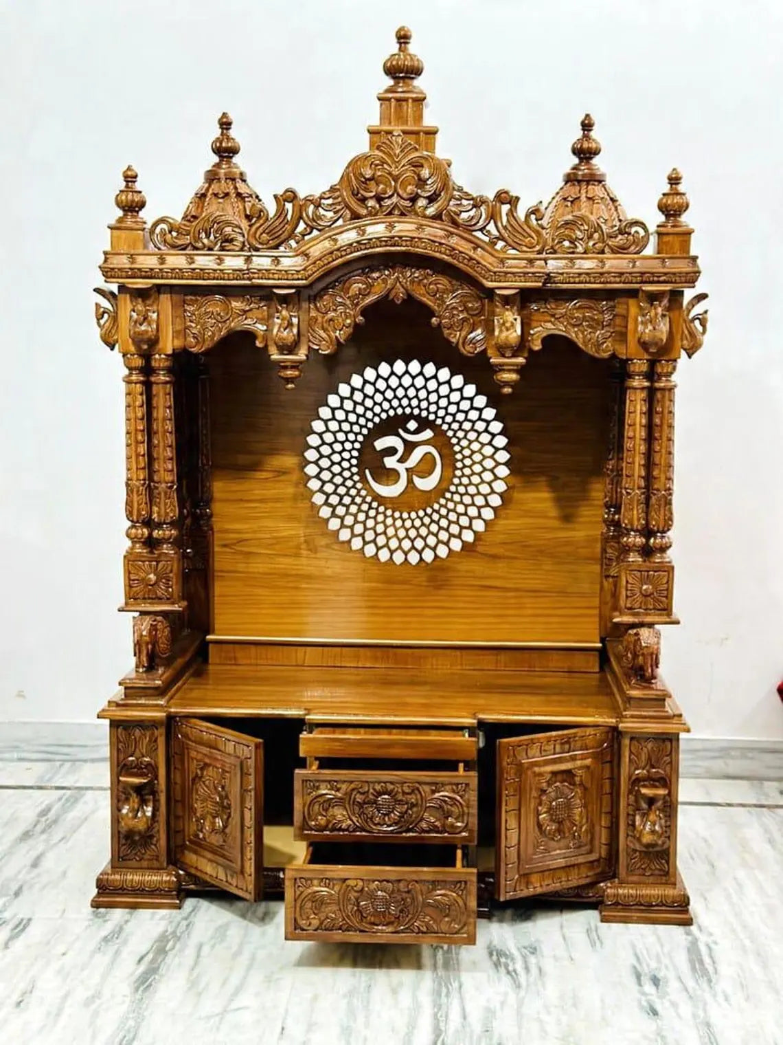 Handmade Teakwood Temple, Large Carved Wooden Mandir, Customizable