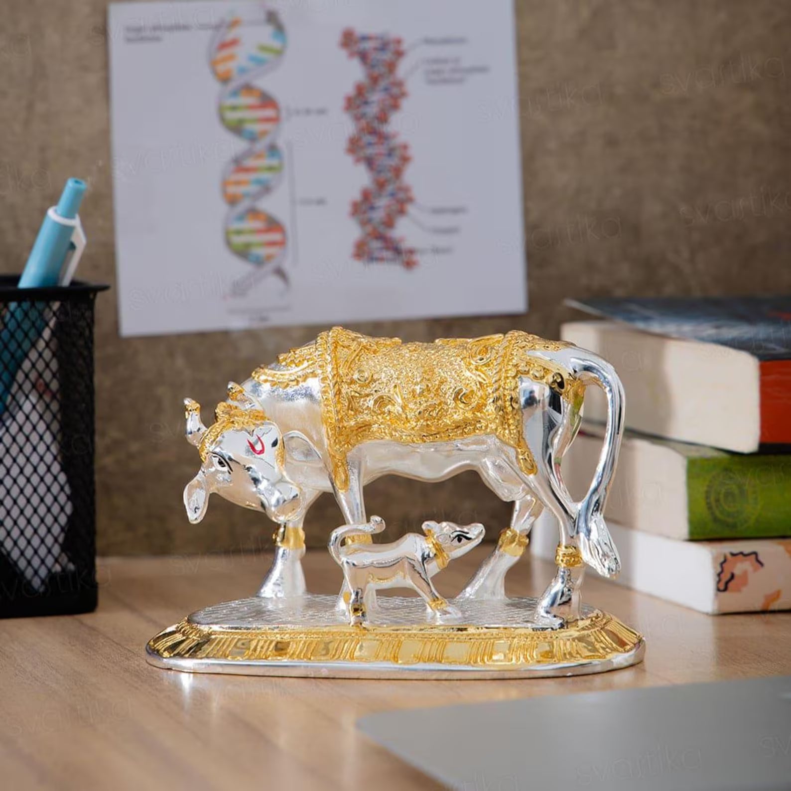 Gold & Silver Plated Kamdhenu Cow with Calf Idol: Vastu Puja Decor