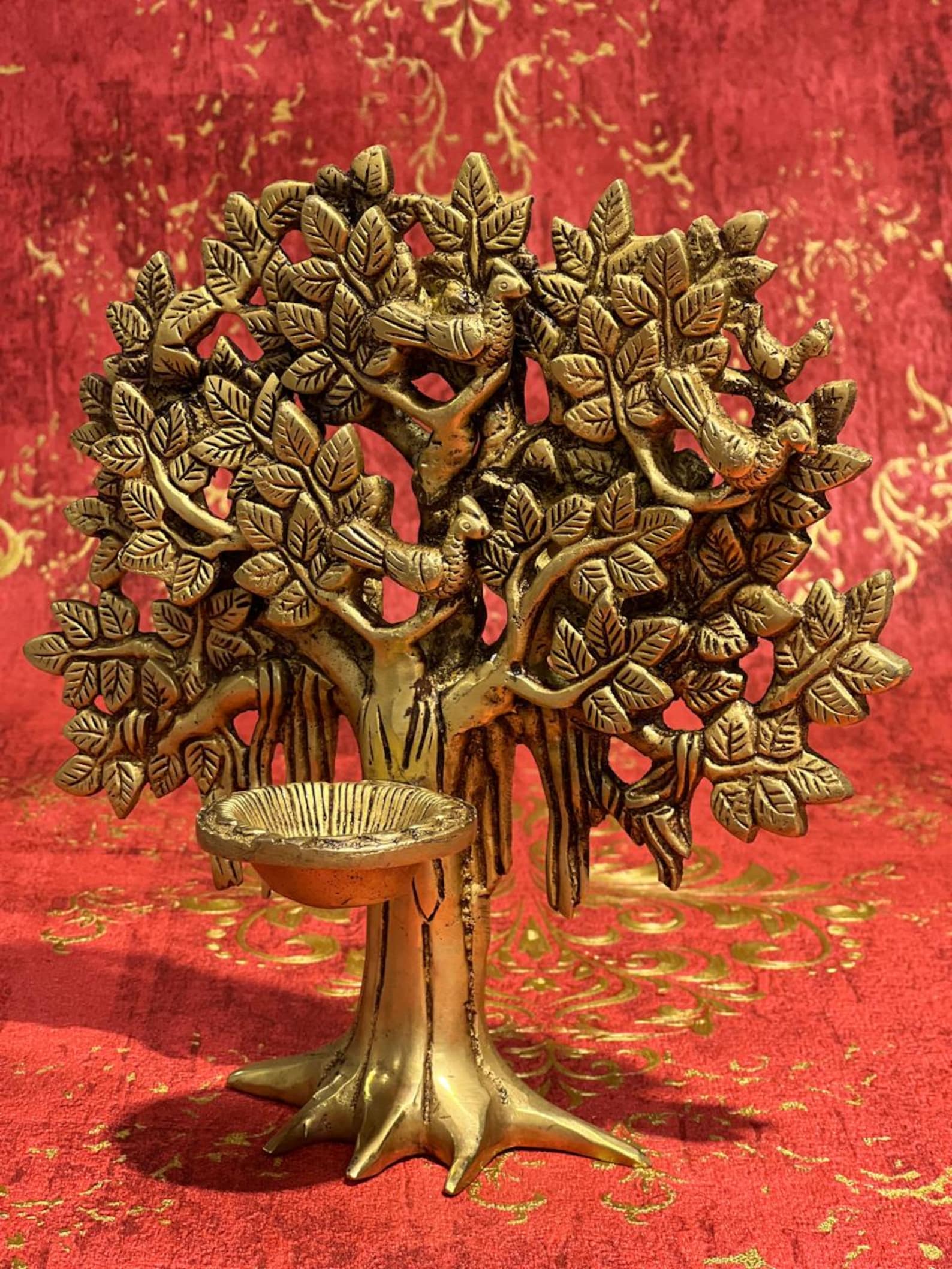 8.5" Brass Tree Deepak Lamp - Traditional Indian Oil Lamp for Home Decor & Spiritual Lighting