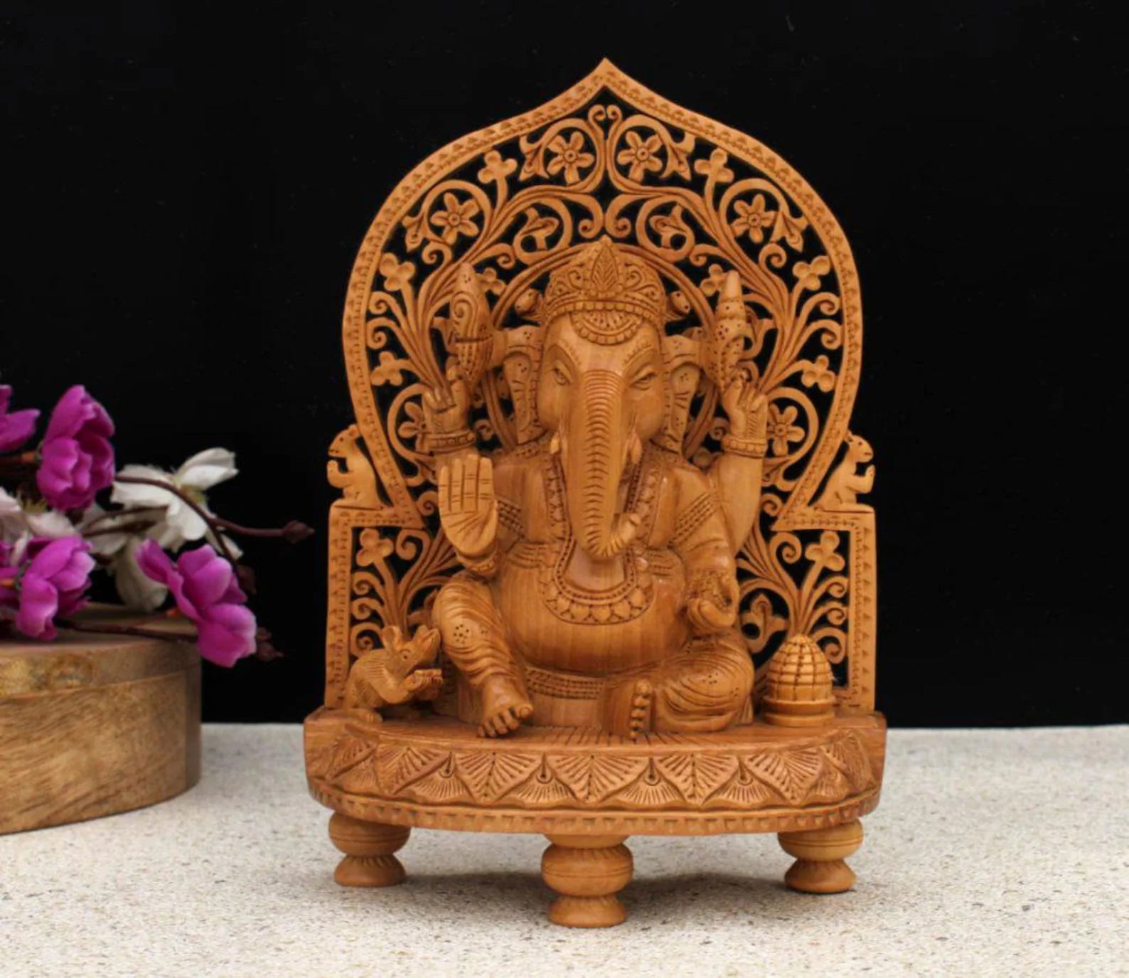 8 Inch Wooden Ganesha Sitting on Base