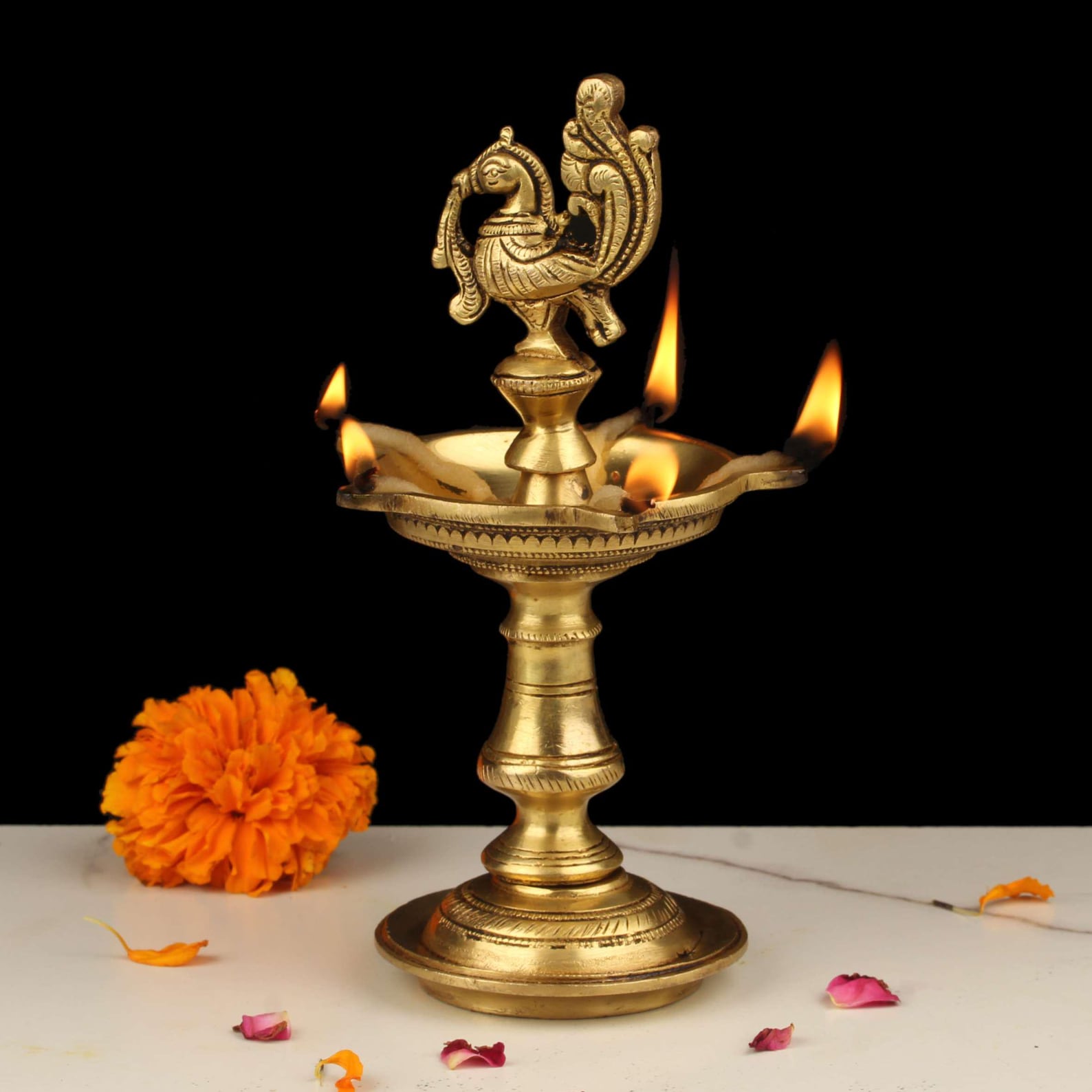 Handcrafted Brass Peacock Diya with Multi-Wick Design