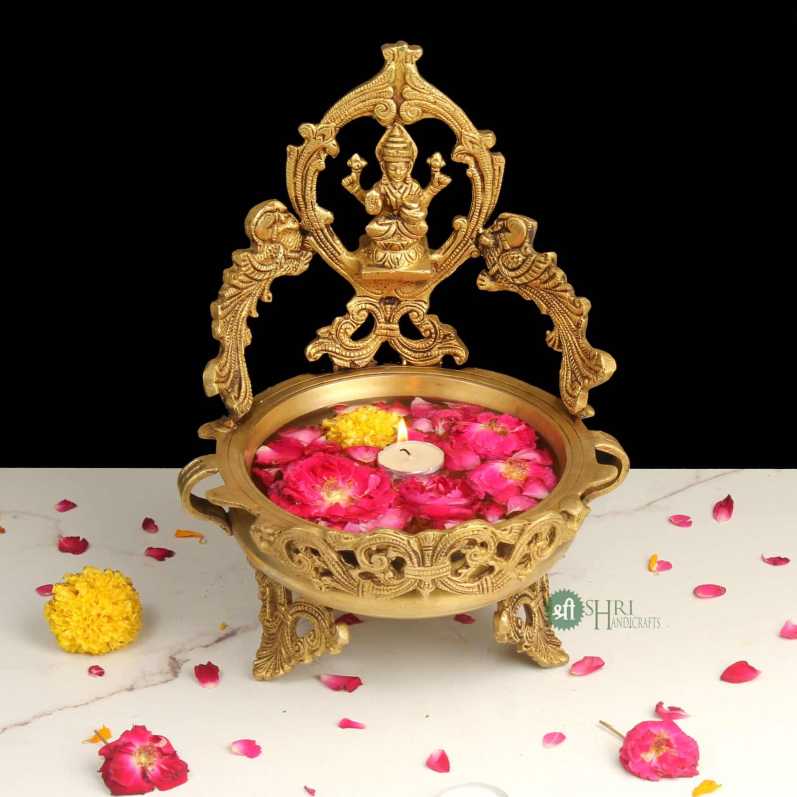 Handcrafted Brass Decorative Urli Bowl with Goddess Lakshmi