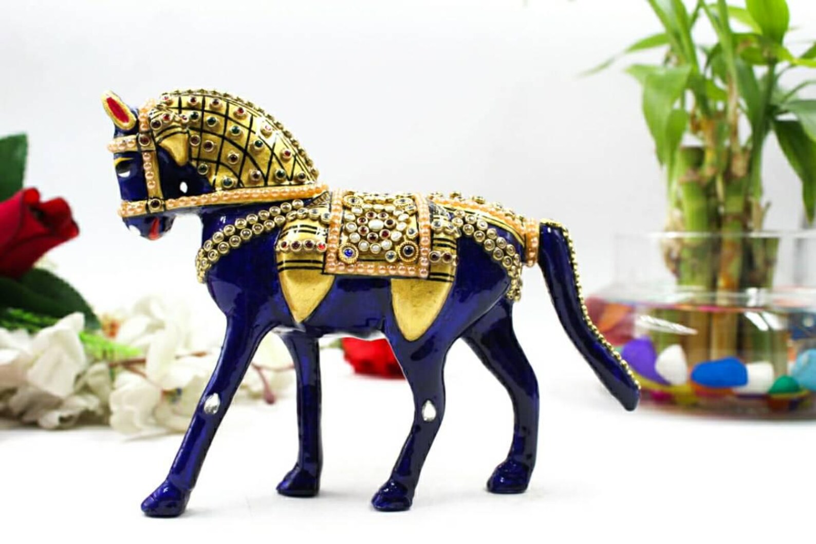 4 Inch Blue Metal Horse in Jewellery Stone