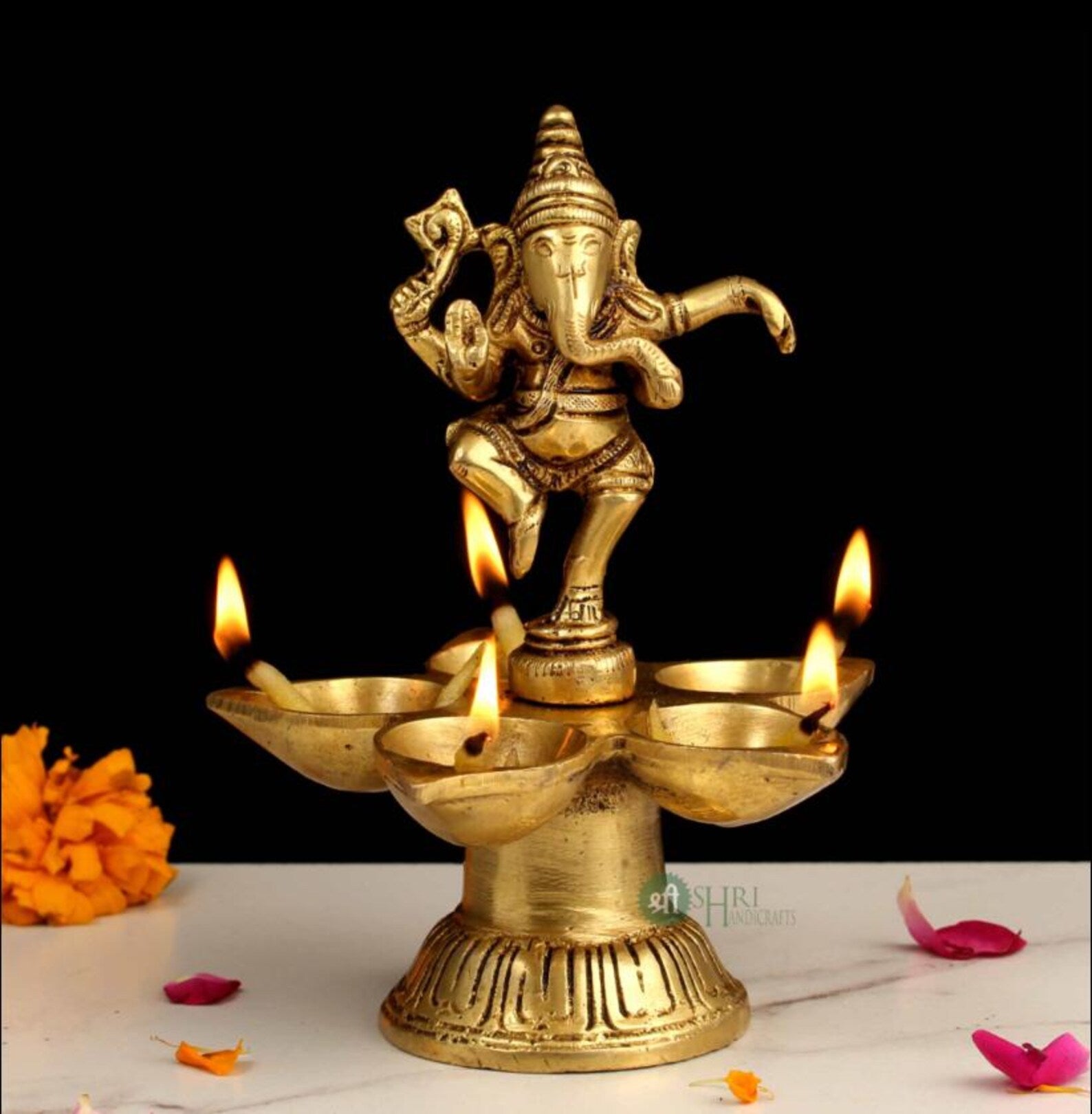 6.5 Inch Dancing Ganesha Brass Oil Lamp for Pooja & Festive Decor