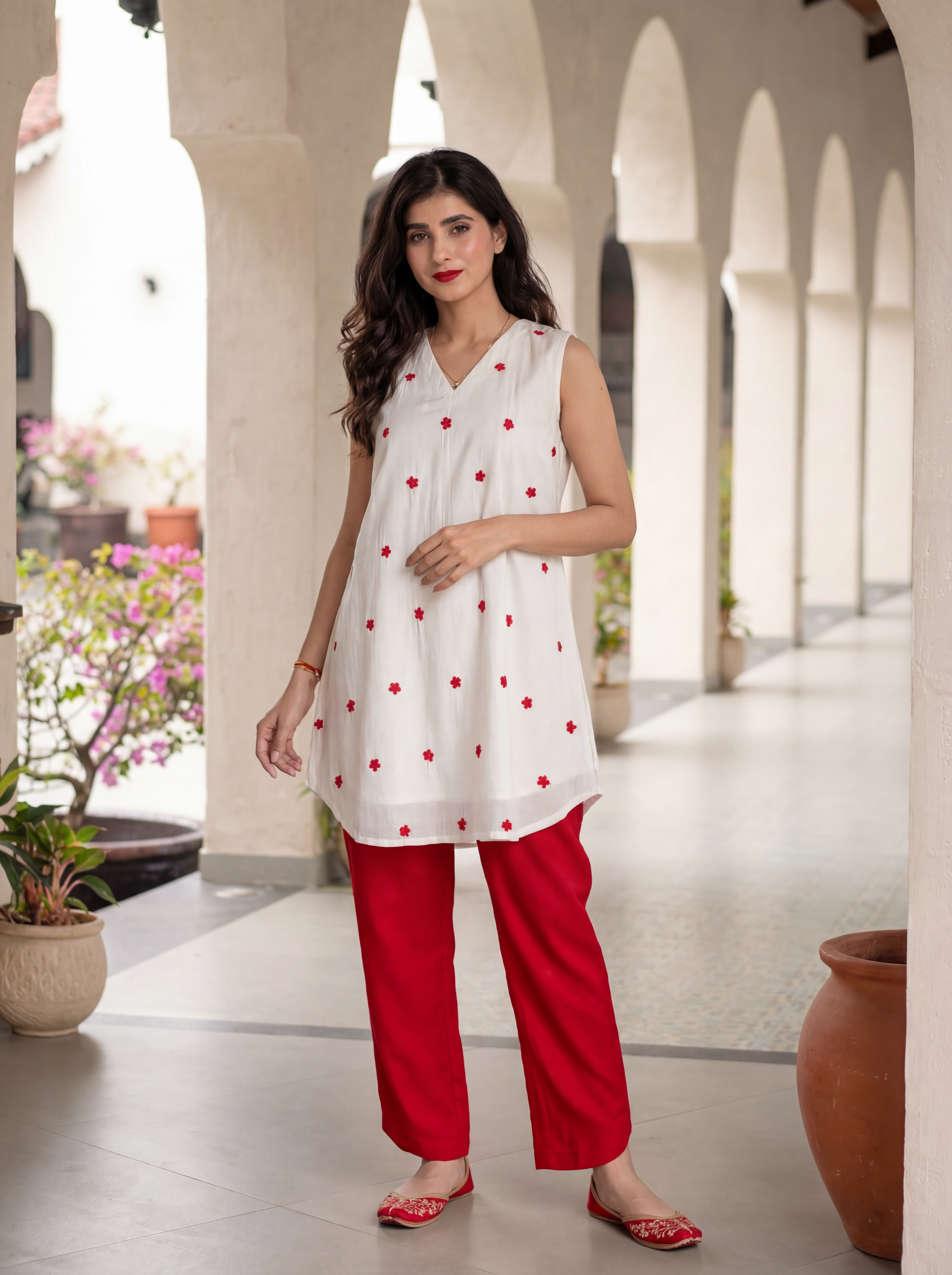 Women's White Roman Silk Floral Embroidered Kurti with Pant
