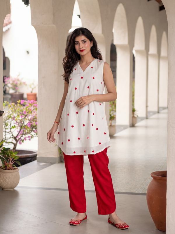 Women's White Roman Silk Floral Embroidered Kurti with Pant