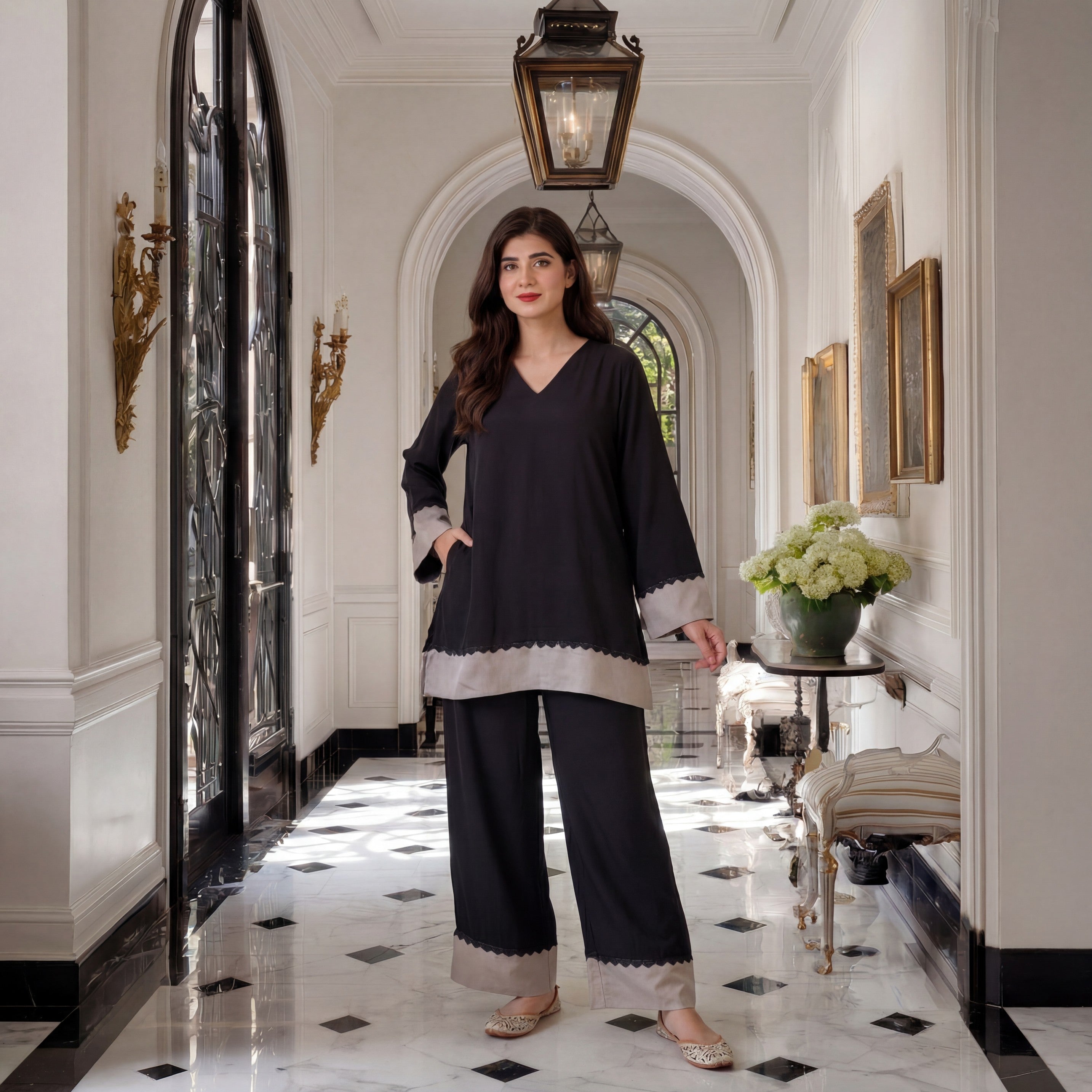 Women's Black & Grey Roman Silk Beaded Scallop Trim Co-Ord Set